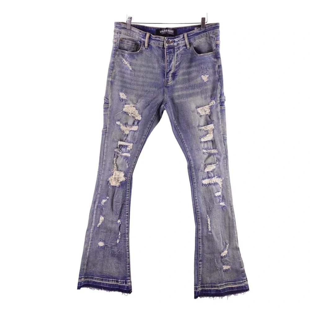 Valabasas Mens Distressed Stacked Flare Carpenter Jeans Blue Size 36 Heavy Rip